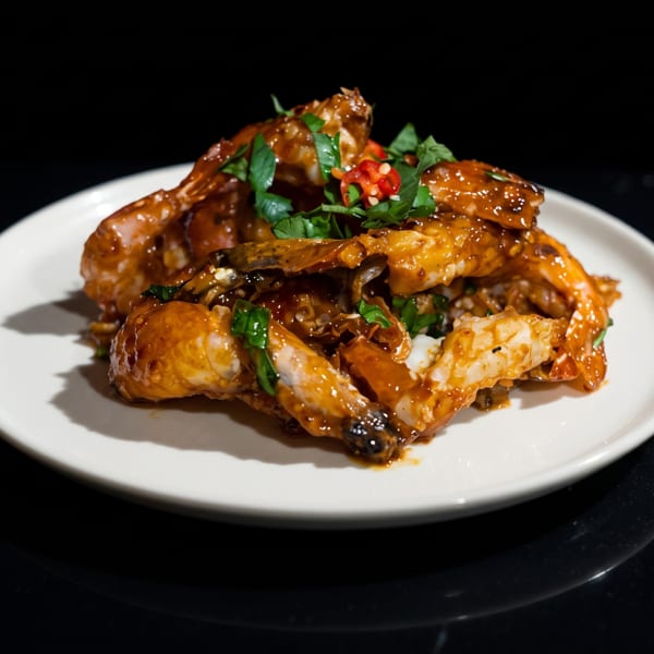 Spicy chili crab dish with fresh herbs and red chilies on a white plate.