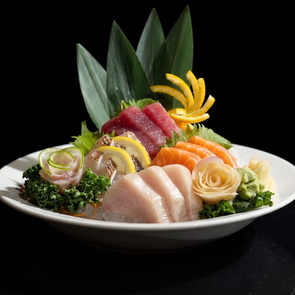 A white platter of assorted sashimi, including tuna, salmon, and white fish, garnished with lemon and greens.