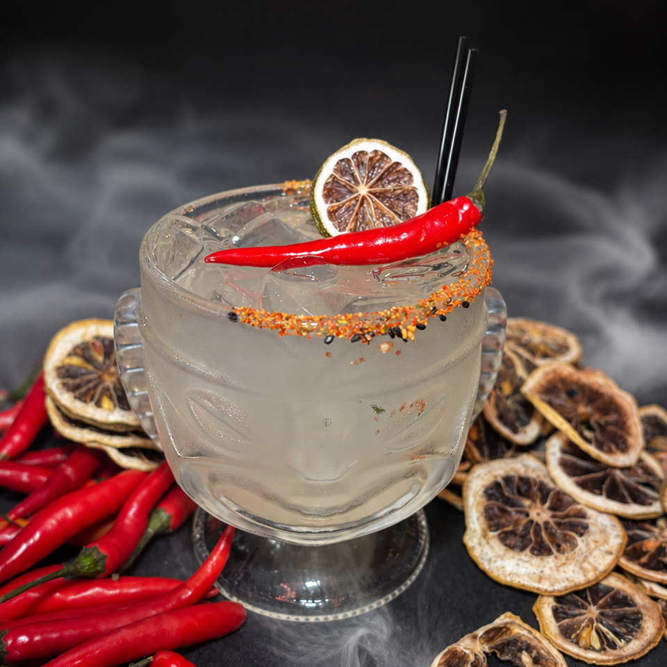 Chilled cocktail in a sugar-rimmed glass, garnished with a red chili pepper and dried lime, surrounded by chilies and smoke.