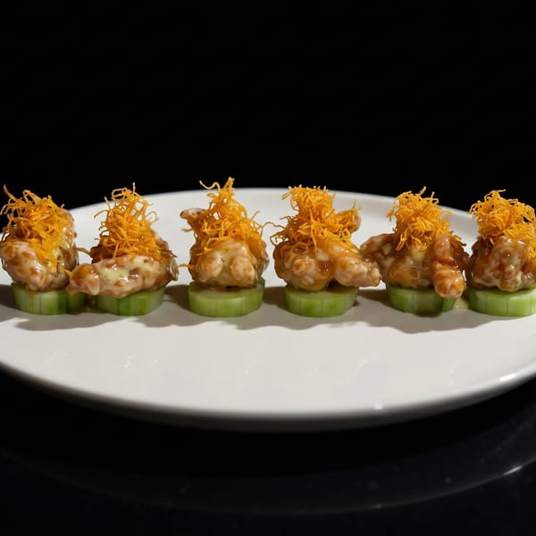Six pieces of crispy shrimp with sauce and fried noodles on cucumber slices, on a white plate.
