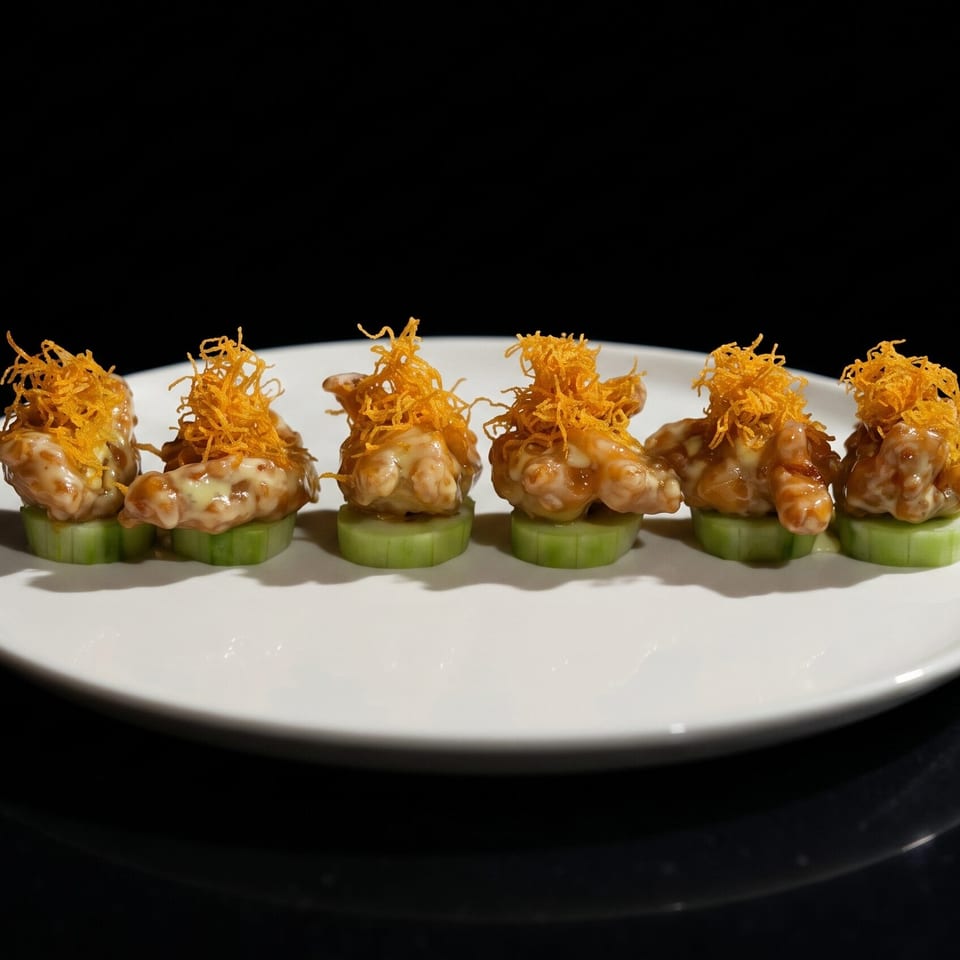 Six pieces of crispy shrimp with sauce and fried noodles on cucumber slices, on a white plate.