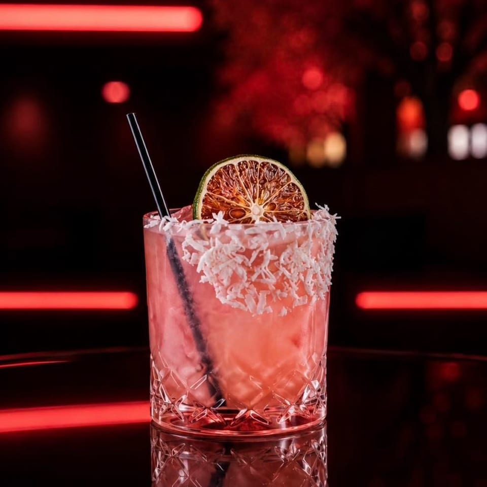 Pink cocktail in a cut-crystal glass, garnished with shredded coconut and a citrus slice, against a moody red-lit bar background.