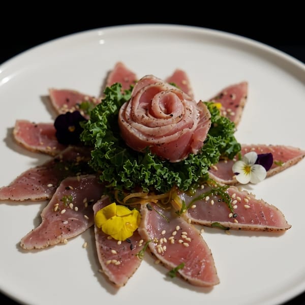 Seared tuna sashimi arranged in a flower shape with a tuna rose, kale, and edible flowers.