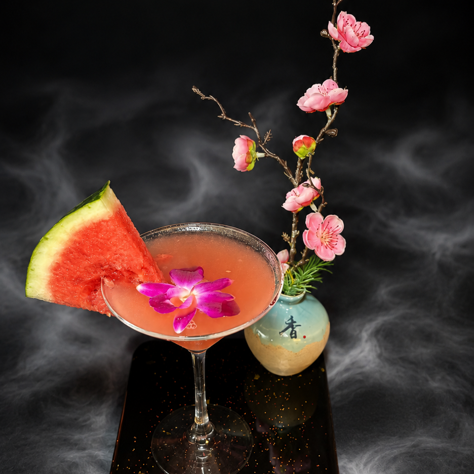 Pink cocktail garnished with an orchid and watermelon slice, displayed beside flowering branches on a smoky black Red Phoenix tray.